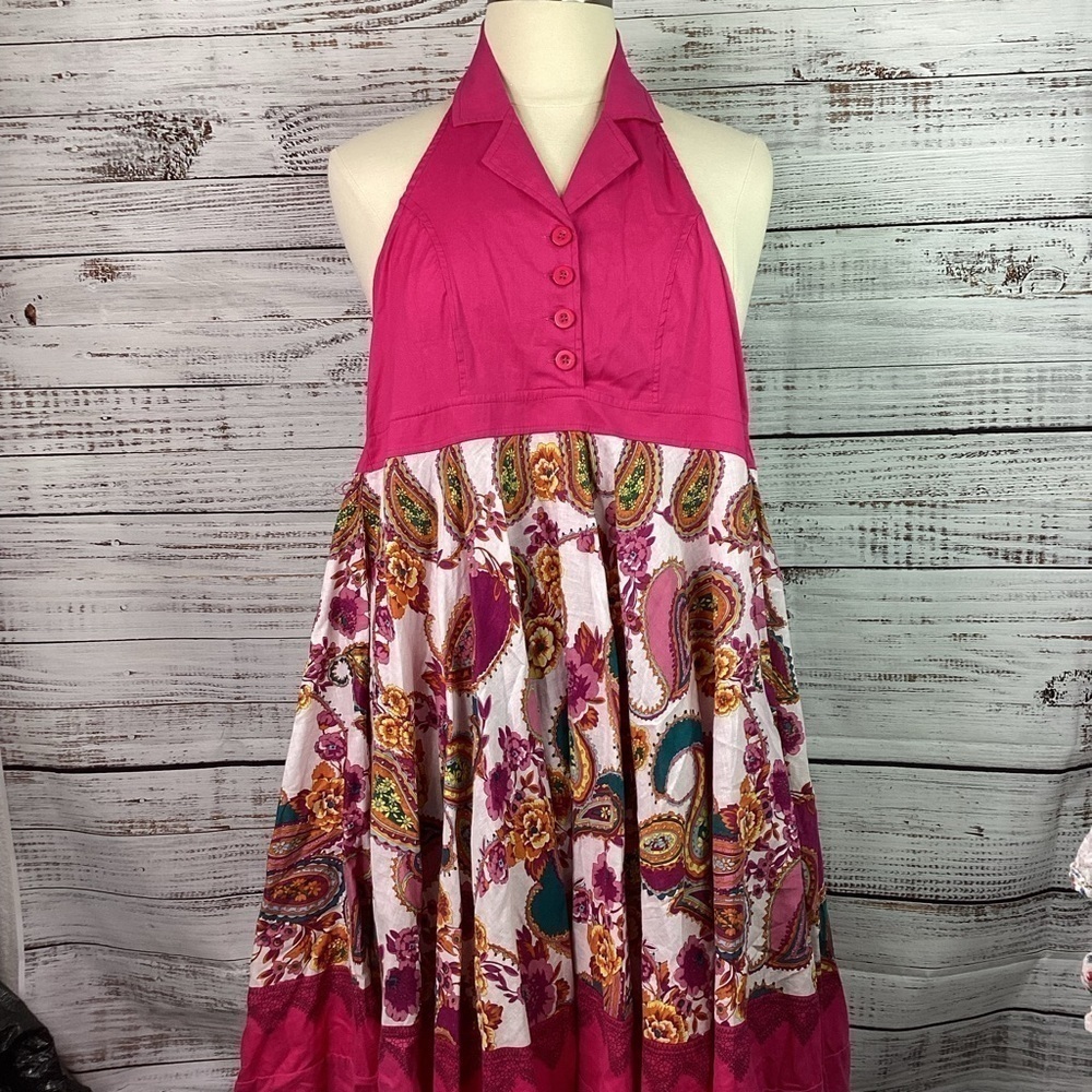 MAGIC‎ SIZE L HALTER TOP SUMMER DRESS HOT PINK PAISLEYS MULTICOLOR VACATION